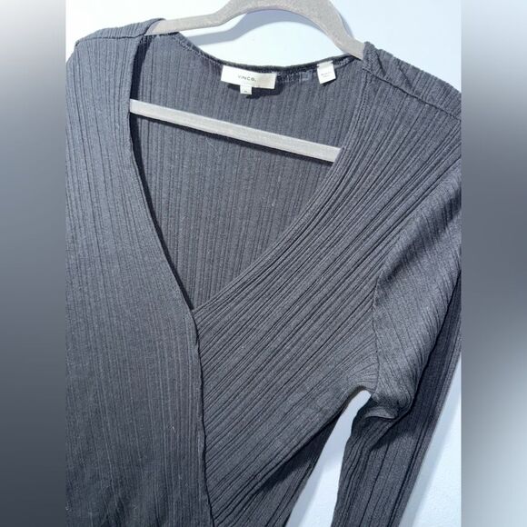 Vince Vince Black Ribbed Long Sleeve Wrap Top Cotton Modal Size XL EUC - Picture 2 of 7